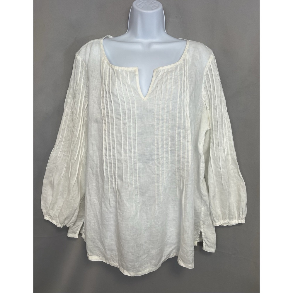 Talbots White Linen Pintuck Pleated Split Neck Tunic Top Large Coastal